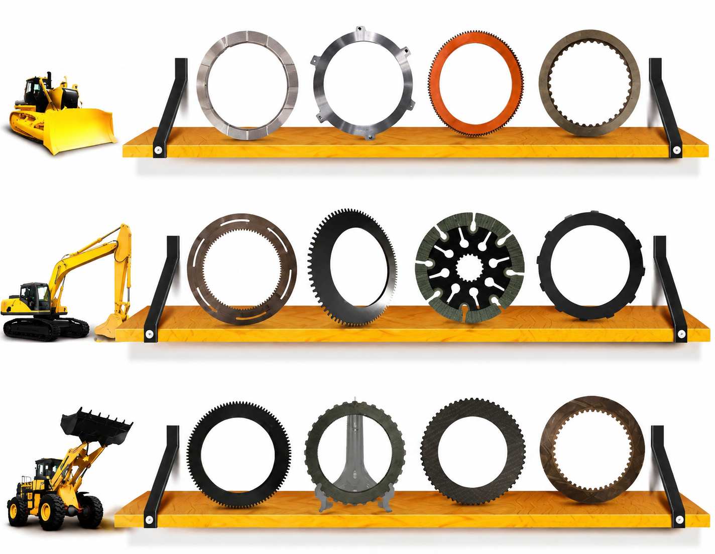 Friction discs and plates displayed with construction equipment